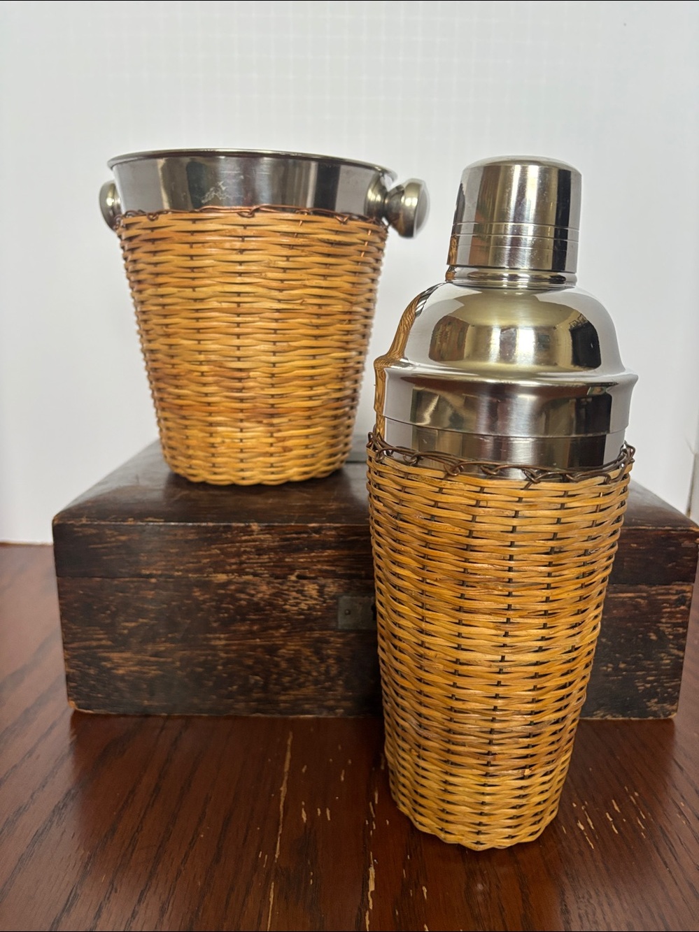 Vinaigrette Woven Rattan Cocktail Shaker and Ice Bucket Set - Natural Tan